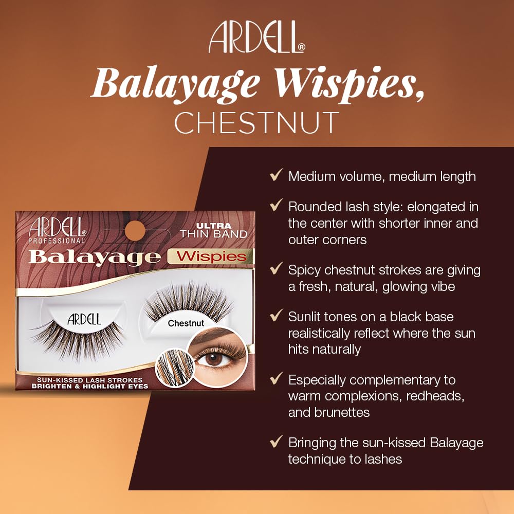 Black Ardell Balayage Wispies False Eyelashes - Chestnut, Ultra Thin Band, Natural Wispy Lashes, 4 Pack