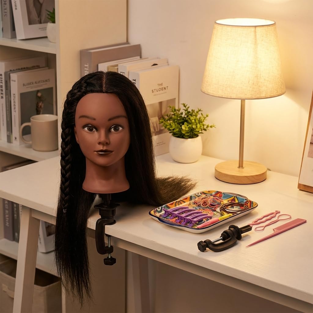 Dark Olive Green 16 Inch 100% Real Hair Mannequin Head Training Head Manikin Cosmetology Doll Head for Hairdresser Practice Braiding Hair Styling with Clamp stand (16 -Inch)