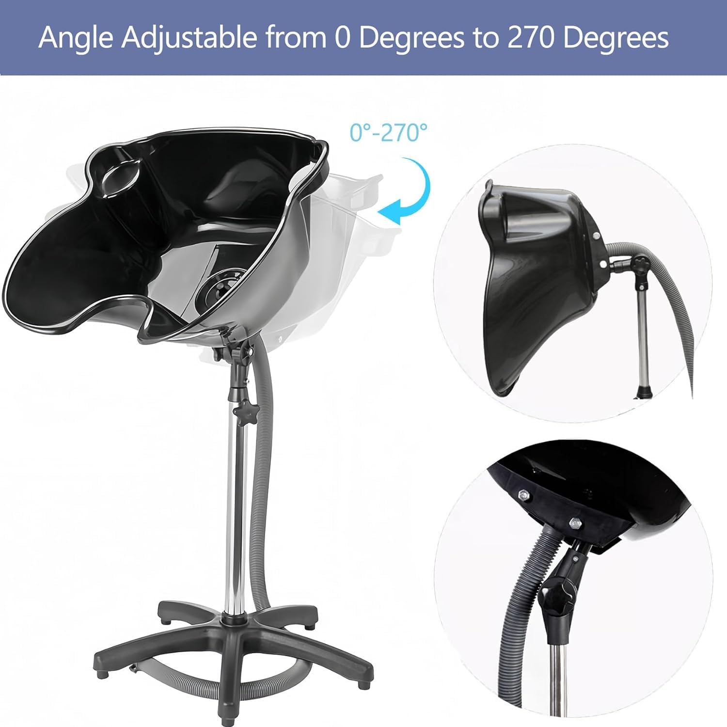 White Smoke Height Adjustable Portable Shampoo Sink with 270° Rotation, Deep Hair Washing Basin & Drain Hose for Home/Salon - Black