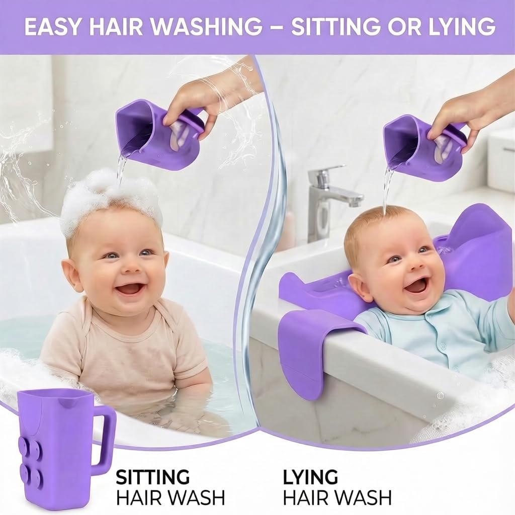 White Smoke Portable Hair Washing Station for Kids – Silicone Hair Washing Basin for sink and Teens,Tear-Free Shampoo Bowl with baby bath Rinse Cup, Neck Support for Kids-Purple