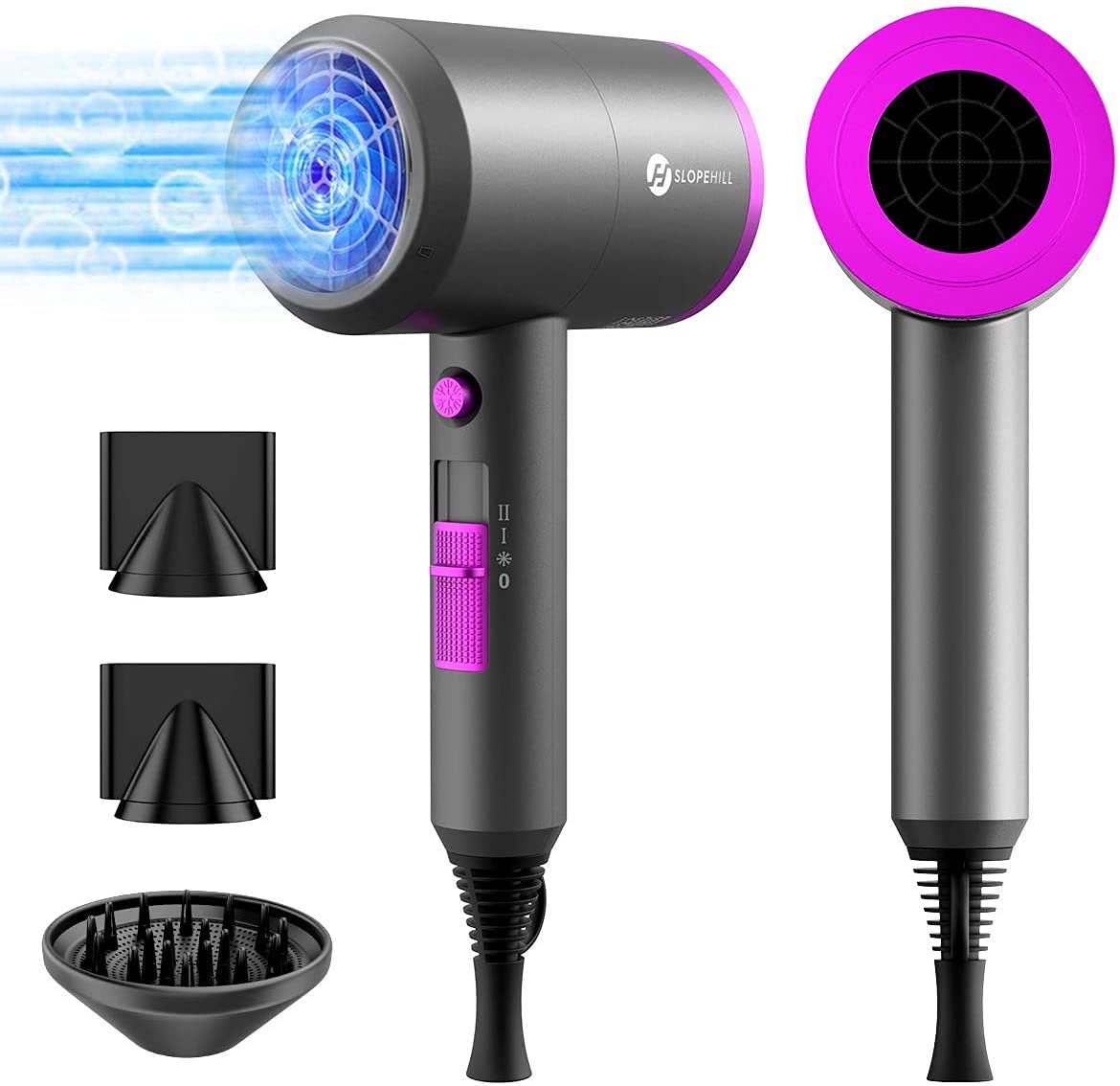 White Smoke slopehill Professional Ionic Hair Dryer, Powerful 1800W Fast Drying Low Noise Blow Dryer with 2 Concentrator Nozzle 1 Diffuser Attachments for Home Salon Travel