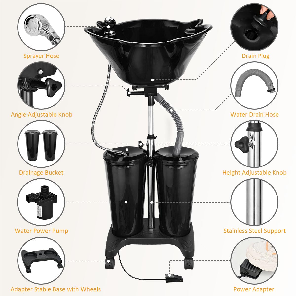 White Smoke johgee Portable Shampoo Bowl with Electric Pump, Plastic Shampoo Unit with 2 Bucket and Drain Hoses, Basin Height Adjustable Portable Salon Sink for Home Salon Use
