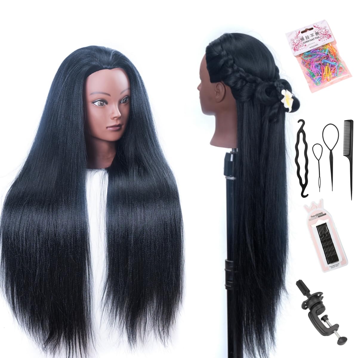 White Smoke Mannequin Head with Hair 26" mannequin doll head styling manikin head Cosmetology Doll Head Multicolored Synthetic Fiber Hair Table Clamp Stand Included)(black YK)