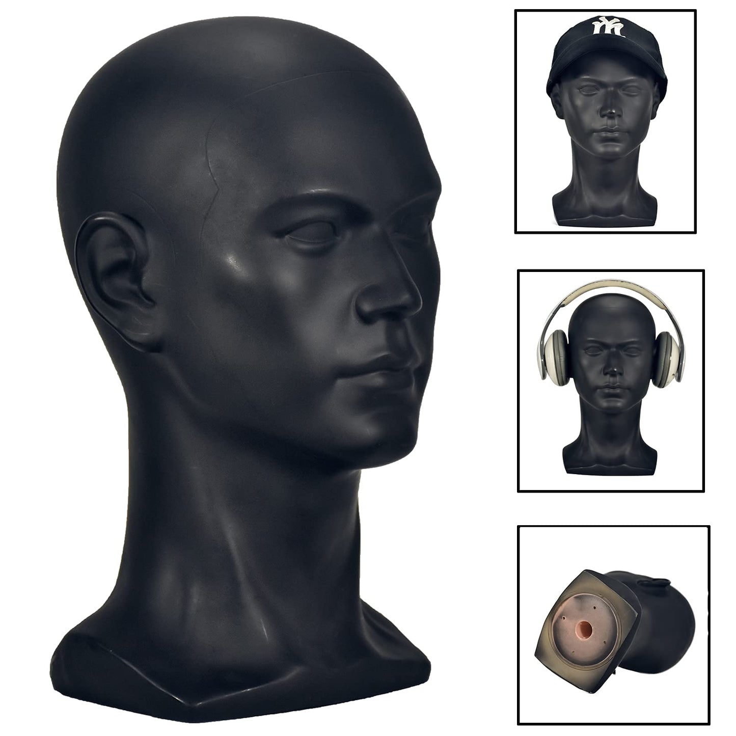 White Smoke FanLin Male Mannequin Head Professional Manikin Head for Display Wigs Hats Headphone Mask Sunglasses Jewelry and Scravat Display Stand (Matte-Black)