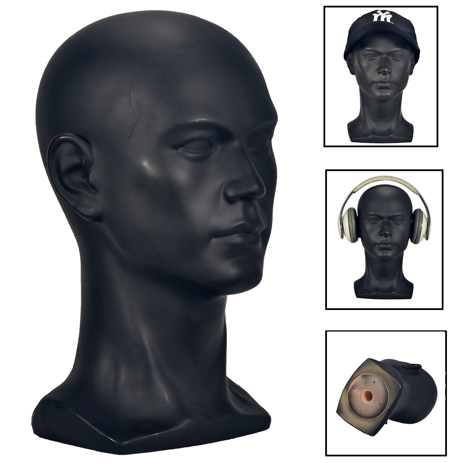 White Smoke FanLin Male Mannequin Head Professional Manikin Head for Display Wigs Hats Headphone Mask Sunglasses Jewelry and Scravat Display Stand (Matte-Black)