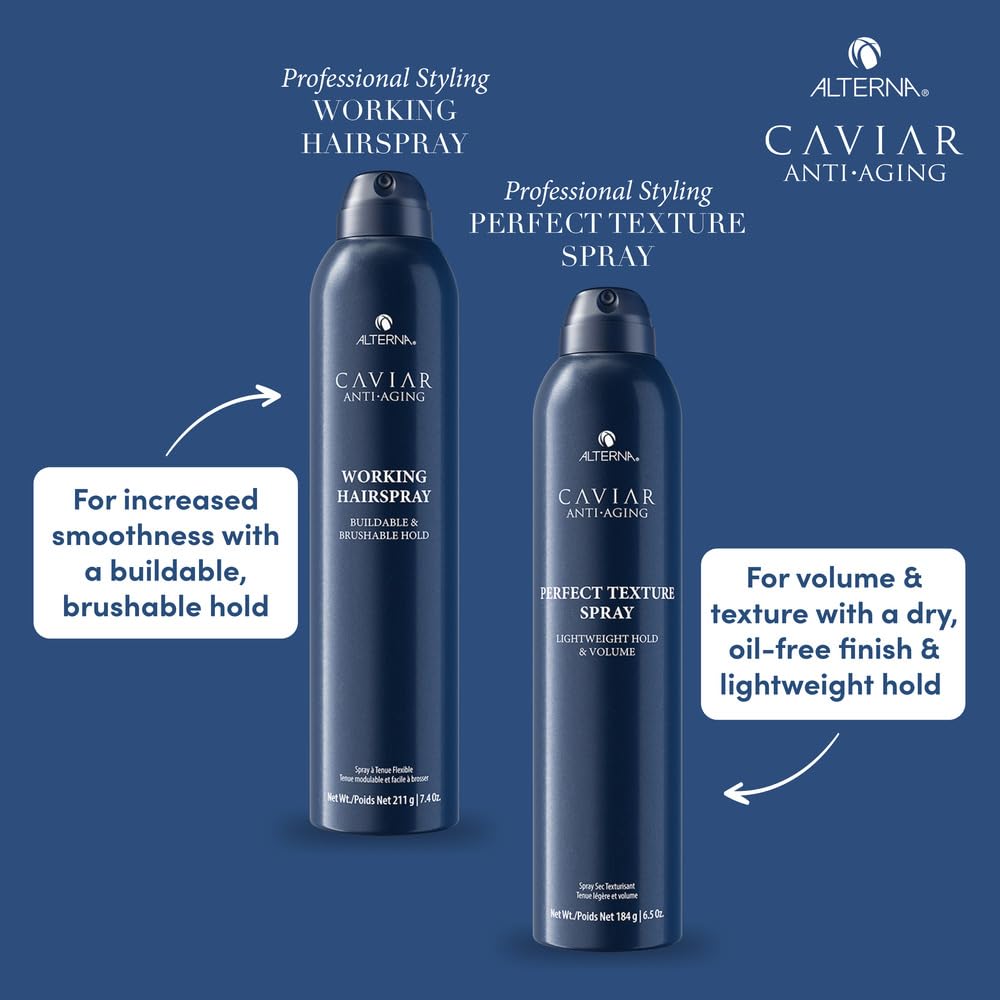 Dark Slate Blue Alterna Caviar Anti-Aging Professional Styling Working Hair Spray | Ultra-dry, Brushable | Helps Control Frizz & Adds Shine | Sulfate Free | Nutmeg