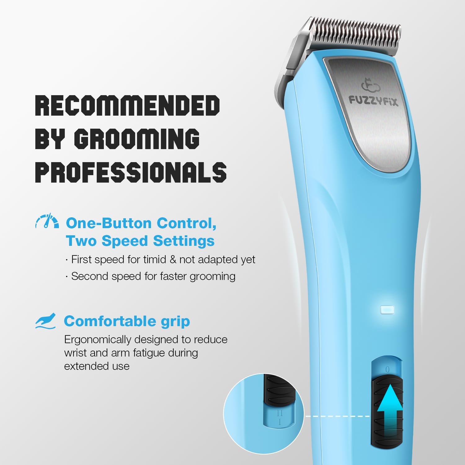 Light Gray FuzzyFix Professional Dog Clippers for Grooming - 2 Speed for Thick Curly Matted Coats, Low Noise Cordless Pet Hair Trimmer with Detachable A5 Blade & Metal Guide Combs Kit for Horse Animal Breeds