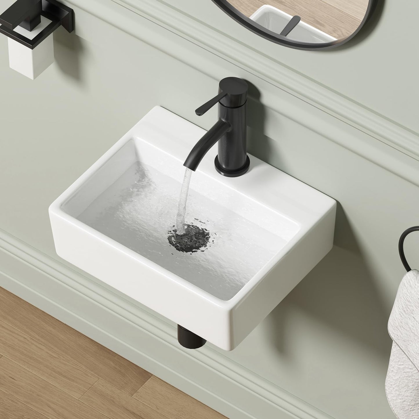 Gray Wall Mounted Bathroom Vessel Sink, QISHKA 15" X 12" Rectangular Floating Ceramic Wash Hand Basin White Wall Hung Vanity Sink for Bathroom and Cloakroom