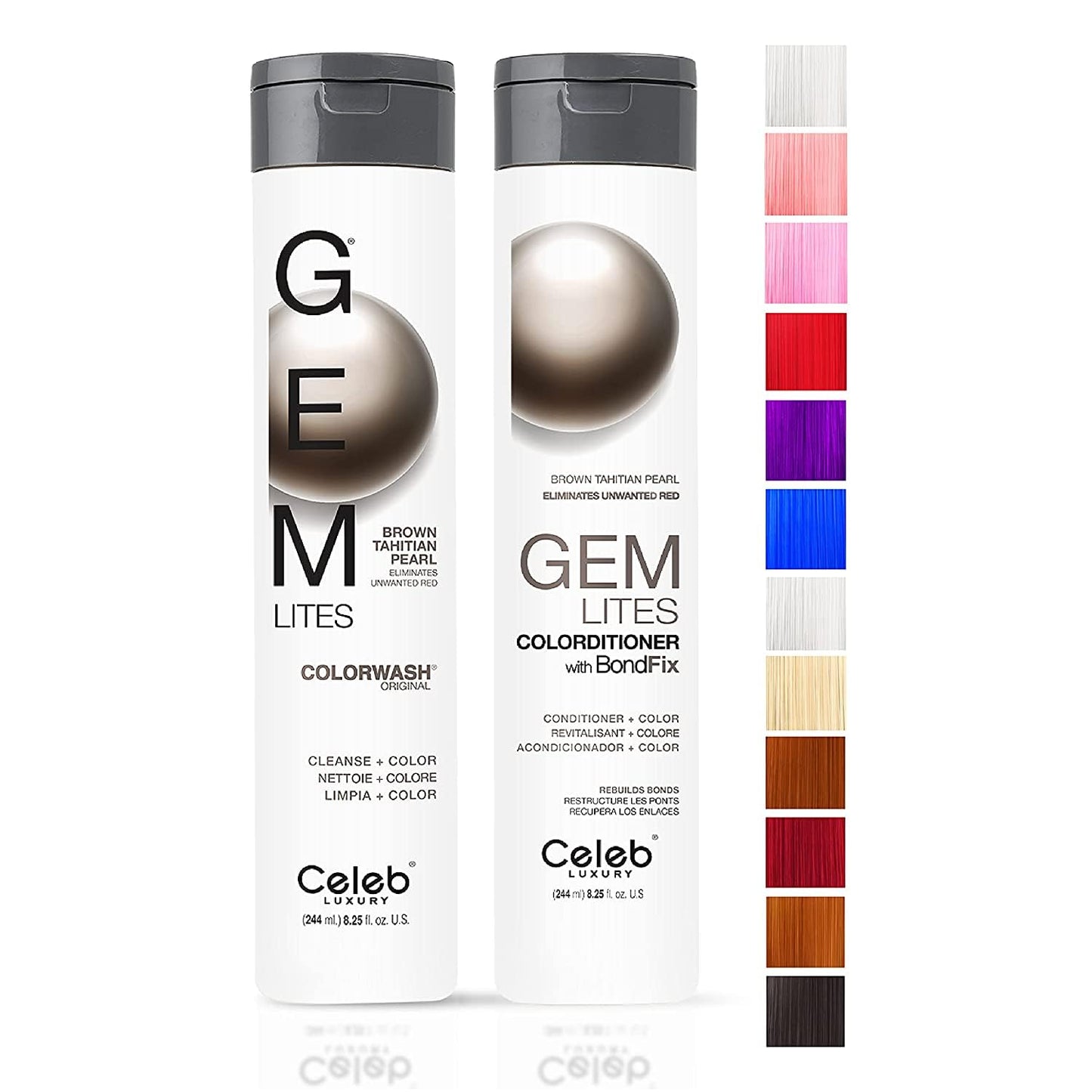 White Smoke Celeb Luxury Gem Lites Duo Color Depositing Colorwash Shampoo & Conditioner Set + Bondfix Bond Rebuilder, Semi Permanent Hair Color, Vegan Hair Dye, Brown Tahitian Pearl