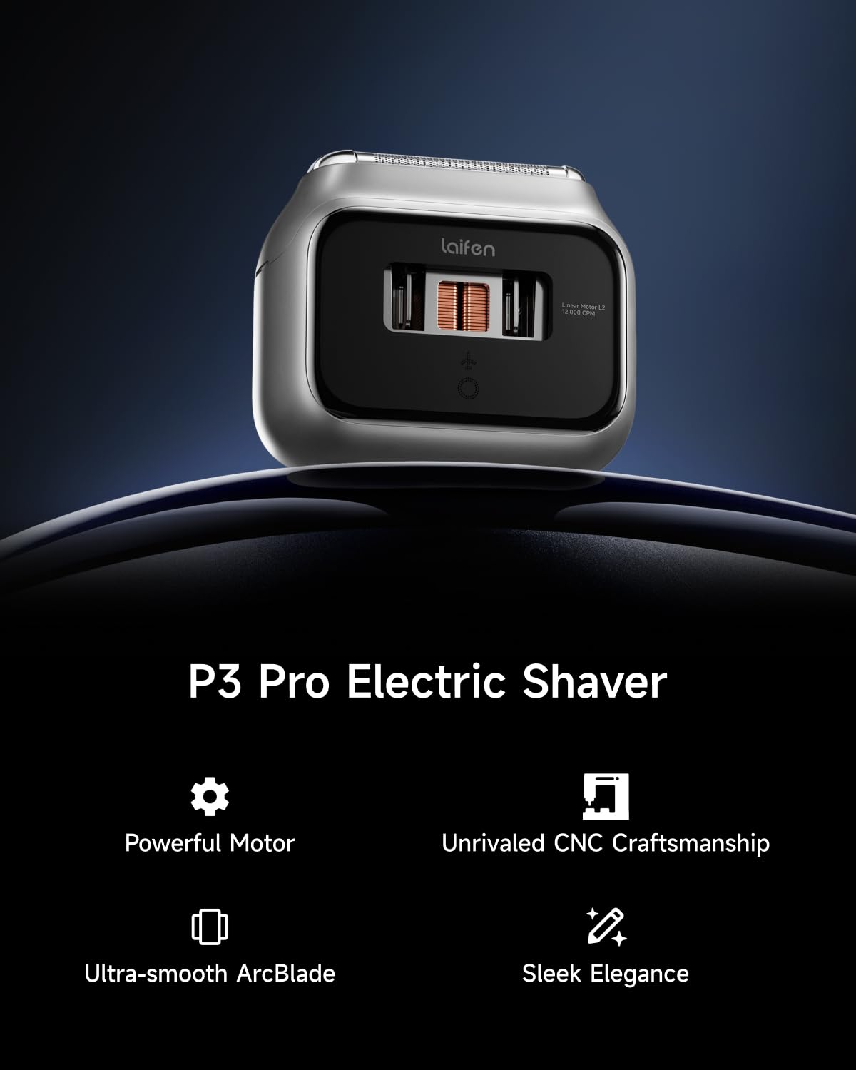 Black Laifen P3 Pro 3-Blade Electric Shaver, Dual Linear High-Speed Motors 12,000 Cuts/Min, 100-Min Runtime, IPX7 Waterproof, Rechargeable Electric Razor for Men, Travel-Friendly (Aluminum Alloy)