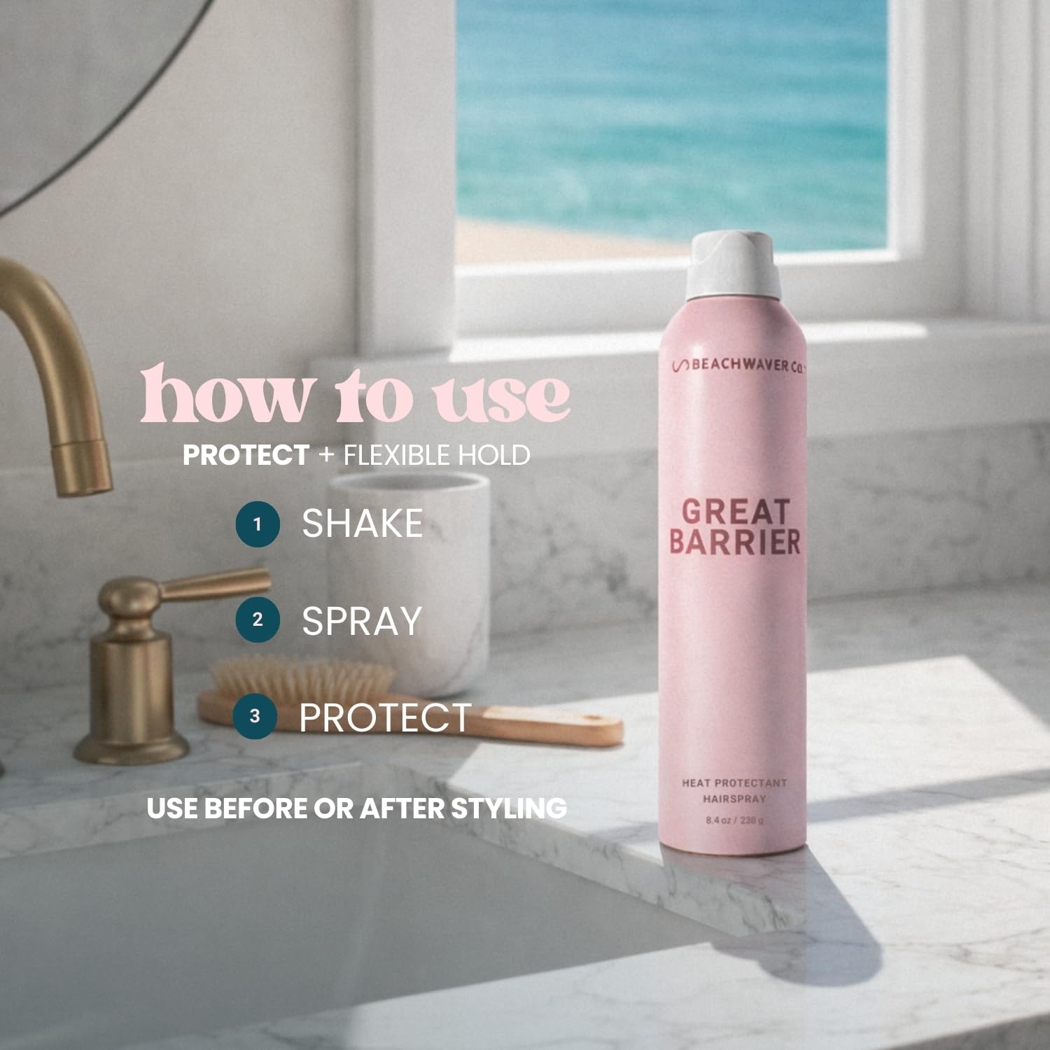 Gray The Beachwaver Co. Great Barrier Heat Protectant Hair Spray - Full Size (8.4 Oz) | Multi-Purpose Treatment for Heat Protection, Flexible Hold & No Frizz | Polynesian Pink Sugar Fragrance