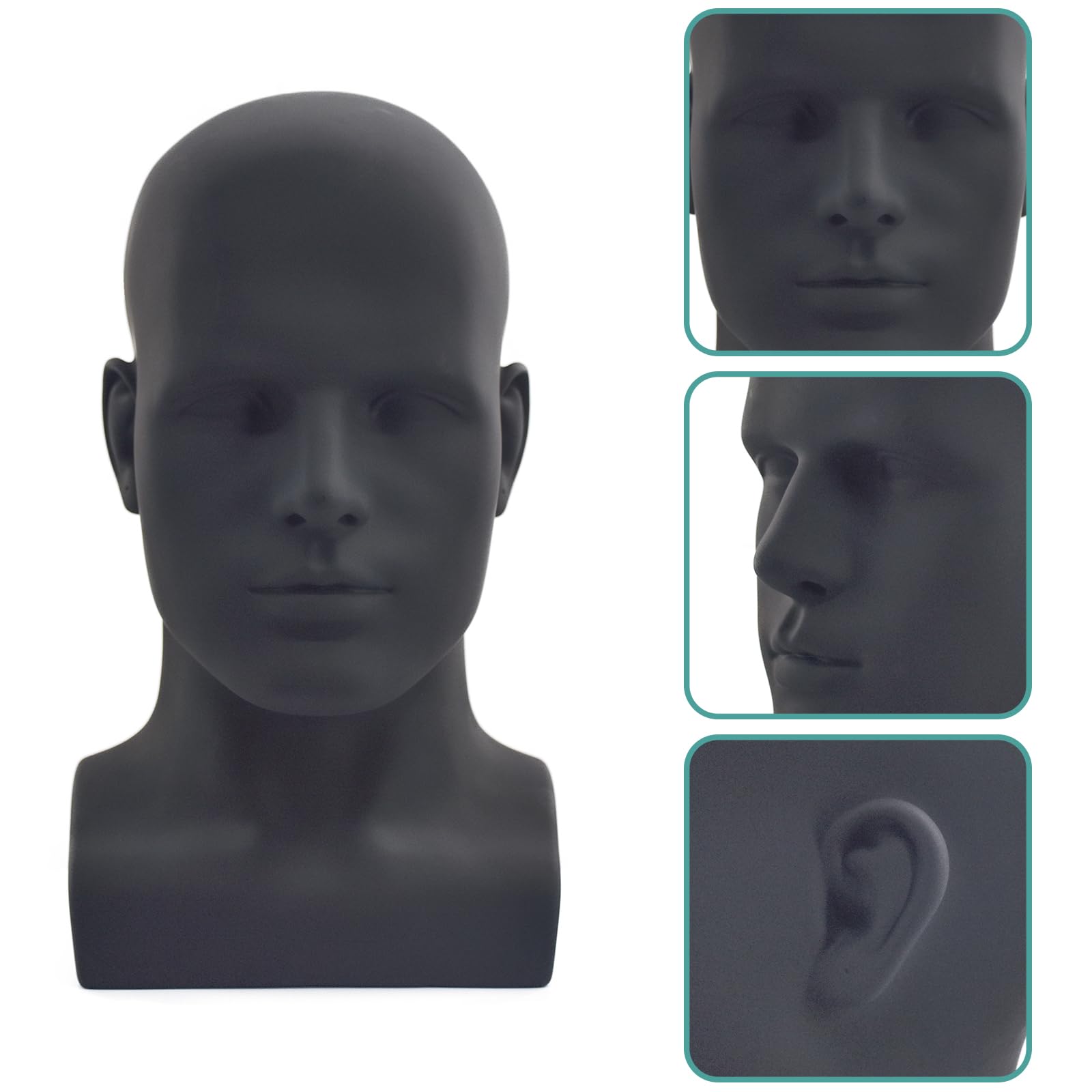 White Smoke VEELTRAS Male Mannequin Head PVC Professional Head Model Cosmetology Male Mannequin Head Display for Wigs Hat Mask Scarf Sunglasses with Mount Hole (Matte black)