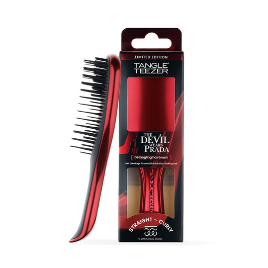 White Smoke The Devil Wears Prada X Tangle Teezer Mini Ultimate Detangler Brush, Eliminates Knots & Reduces Breakage, Travel-Size Mini Hair Brush for Straight to Wavy Hair Types, Limited Edition Red Metallic