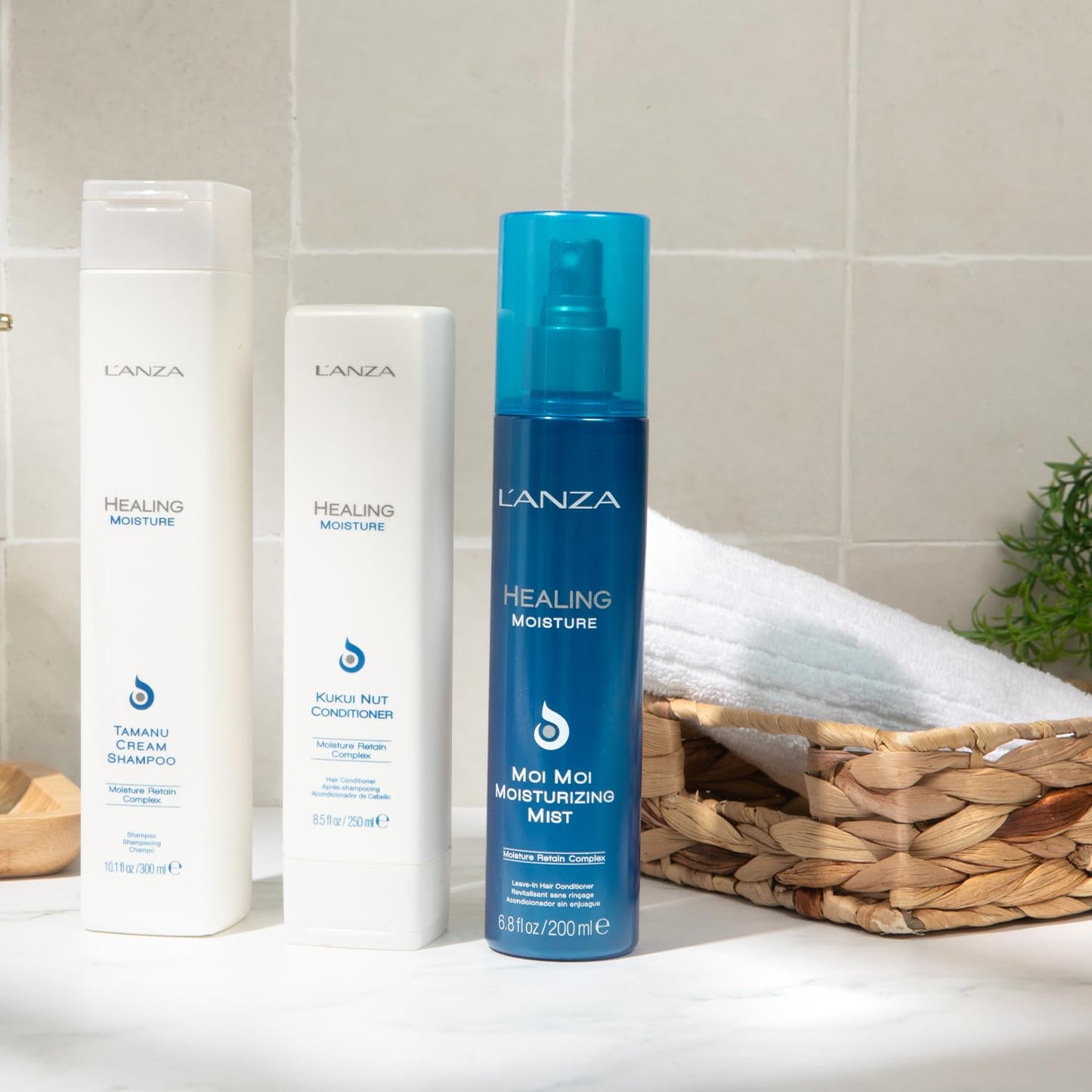 Gray L'ANZA Healing Moisture Trio Hair Kit, Tamanu Cream Shampoo, Kukui Nut Conditioner & Moi Moi Moisturizing Mist Hairspray in a Gift Box, Luxury Hair Care Kit (10.1/8.5/6.8 Fl Oz)