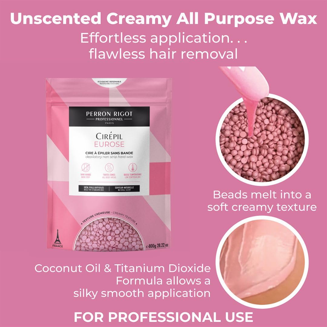 Pale Violet Red Cirepil - Eurose - 800g / 28.22 oz Hard Wax Beads Bag - All-Purpose Creamy for Face, Bikini & Body - Effective on Coarse & Fine Hair - Unscented Professional Formula - Low Temp Refill Bag