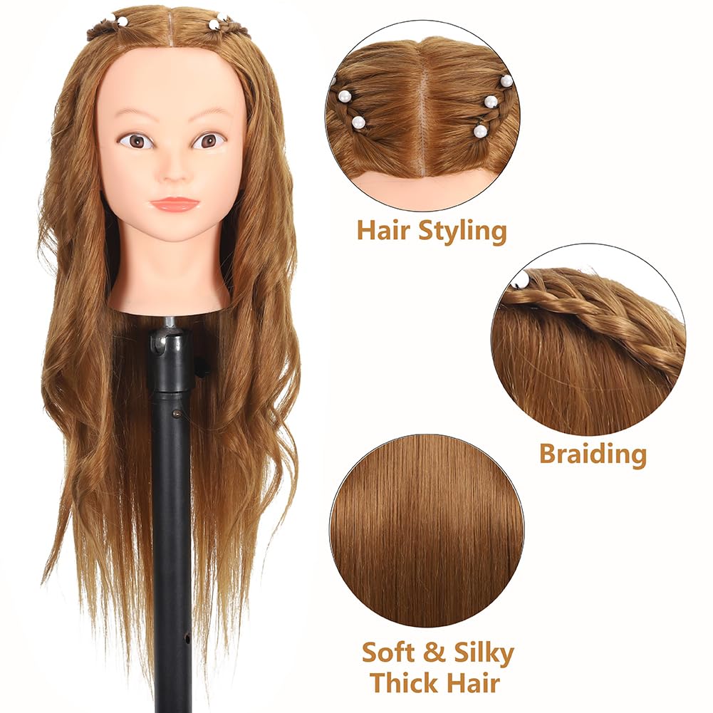 White Smoke ZOMOI Mannequin Head with 80% Real Human Hair 26''-28"Cosmetology Mannequin Doll Head to Practice Hair Styles Hairdresser Practice Braiding Head(27# Light Brown)
