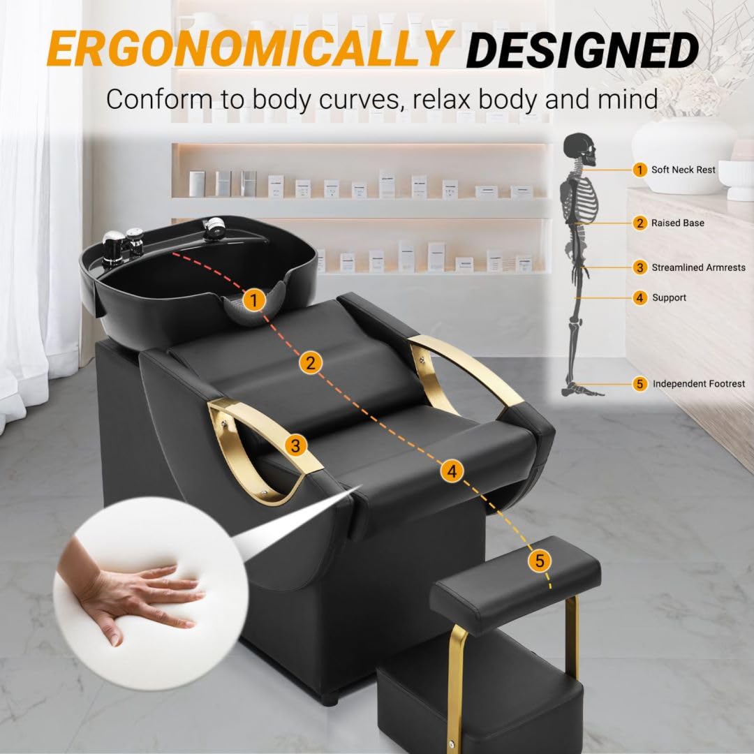 Dark Gray Shampoo Bowl and Chair Set for Salon,Seogwisam Backwash Barber Chair,ABS Plastic Shampoo Bowl Sink Unit w/Independent Footrest for Beauty Spa Barbershop