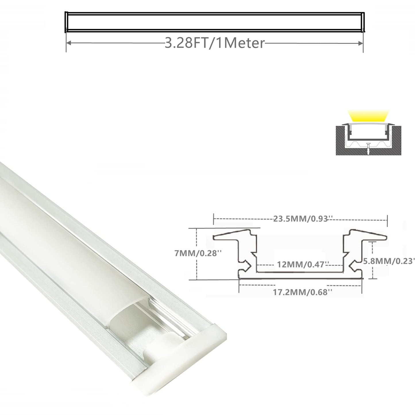 White Smoke THMOOTHER 10-Pack 3.3FT 1M Recessed LED Strip Channel Diffuser System, 25X7MM Collar Aluminum Low Profile for Standing Cabinet Floating Shelf Alcove Routed Slot Tape Light with Milky Cover and Clips
