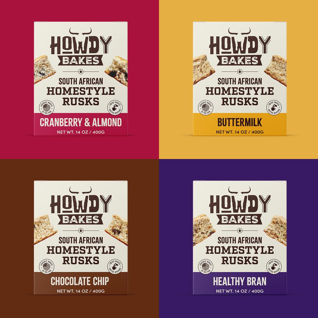 Midnight Blue Howdy Homestyle South African Rusks (Pack of 4) - Double Baked Biscuits w/Buttermilk, Healthy Bran, Cranberry & Almond & Chocolate Chip - Preservative Free Sweet, Crispy Treats For Tea & Coffee