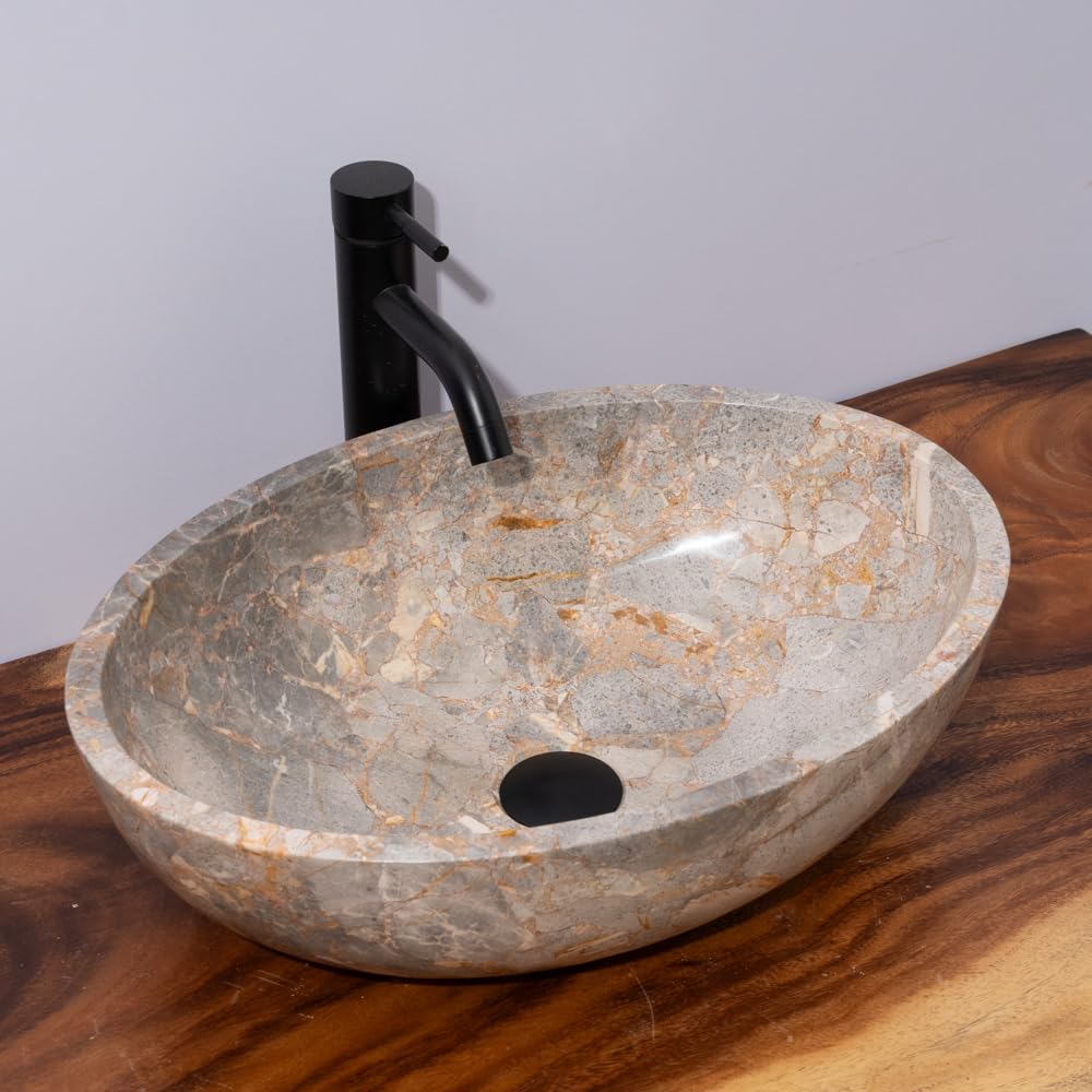 Dark Gray Oval-Shaped Golden - Gray Marble Vessel Sink for Bathroom – 19" × 15" × 6"