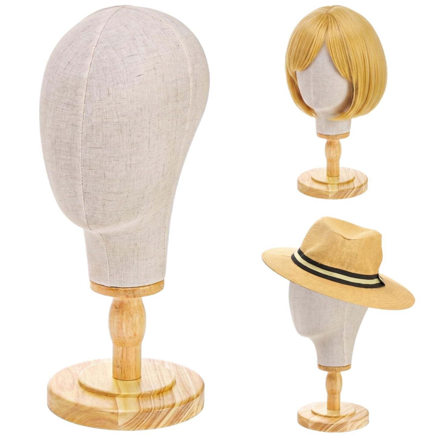 White Smoke Peohud 21 Inch Mannequin Head, Canvas Wig Stand with Detachable Wood Stand, Linen Hat Display Model Head for Caps, Headdress, Wig Making