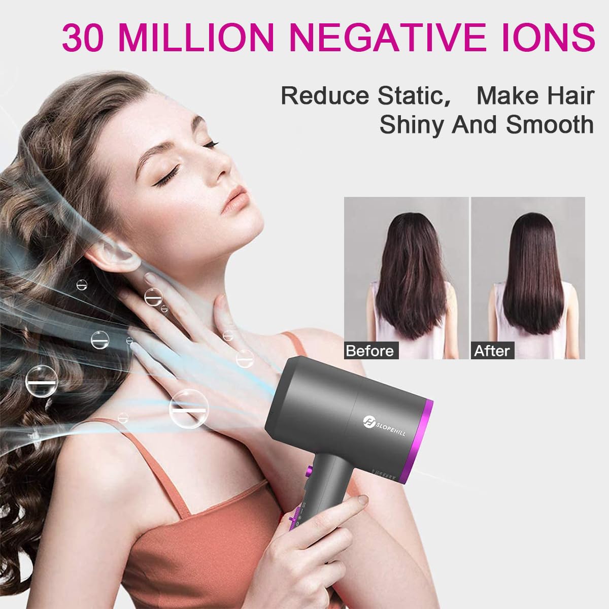 Lavender slopehill Professional Ionic Hair Dryer, Powerful 1800W Fast Drying Low Noise Blow Dryer with 2 Concentrator Nozzle 1 Diffuser Attachments for Home Salon Travel