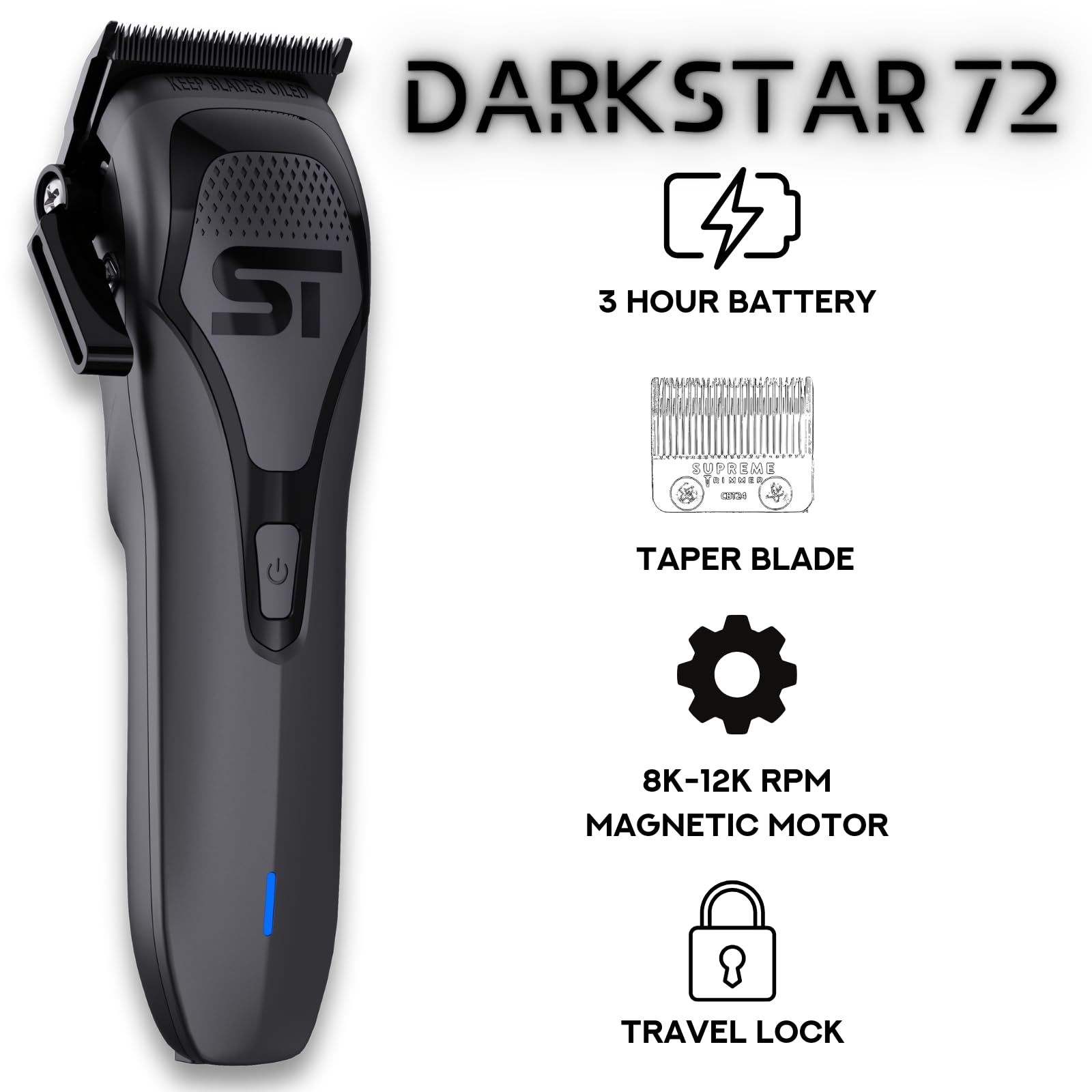 White Smoke Supreme Trimmer Darkstar 72 Clipper with Magnetic Vector Motor | 180 Min Run Time, 9000 RPM Barber Hair Clipper | Low Noise, Professional Clipper DLC Blades | STC72