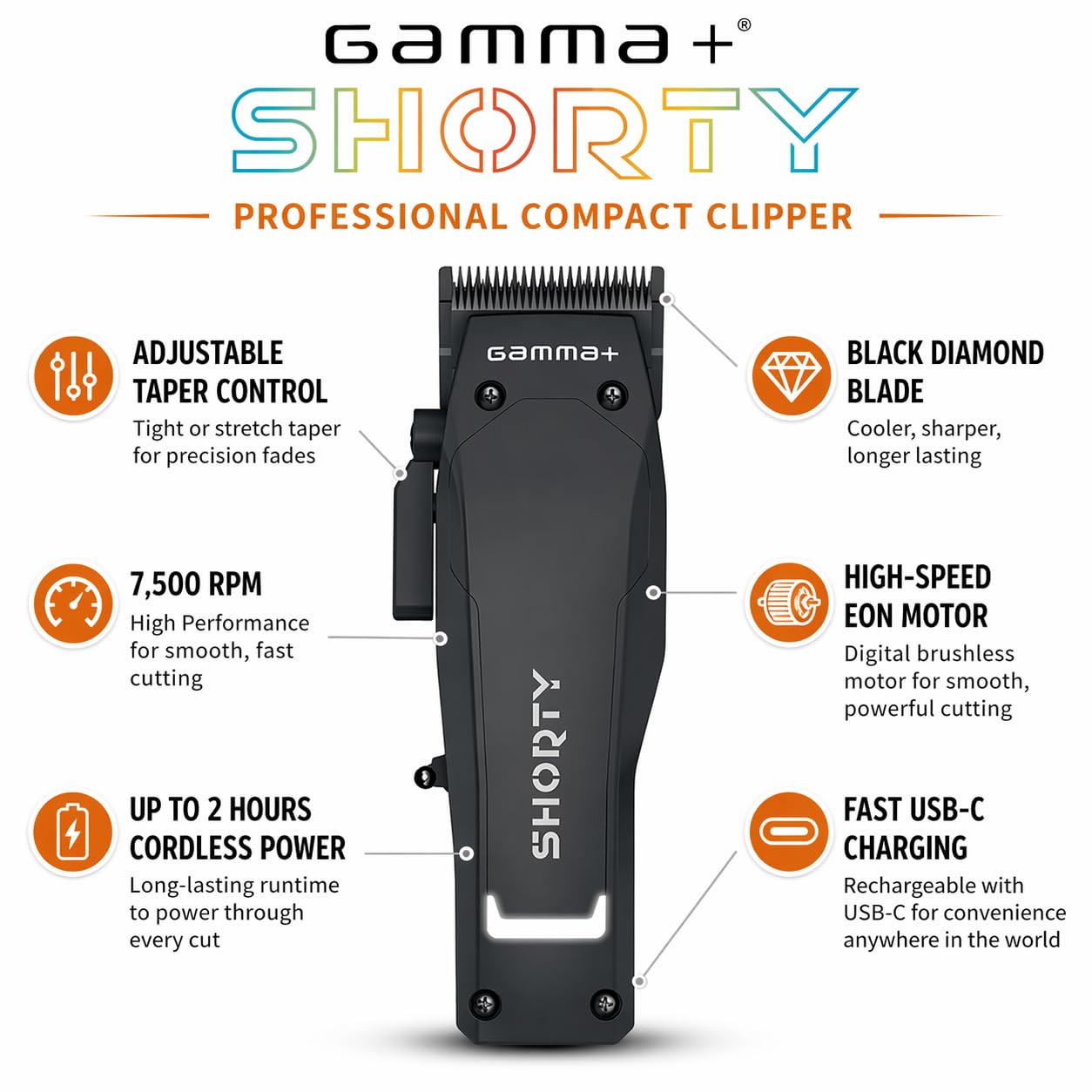 White Smoke GAMMA+ Shorty Professional Cordless Hair Clipper for Men, Brushless Motor, Adjustable Zero Gap, 120-Min Run Time, USB-C, Ergonomic, Low Noise