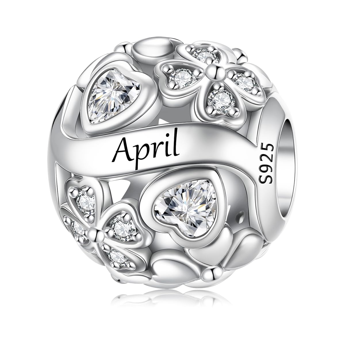 White Smoke 925 Sterling Silver Lucky Clover Birthstone Charms for Bracelets Dangle Pendant with 5A Cubic Zirconia Compatible Pandora Bracelets, Ladies Birthday Gift