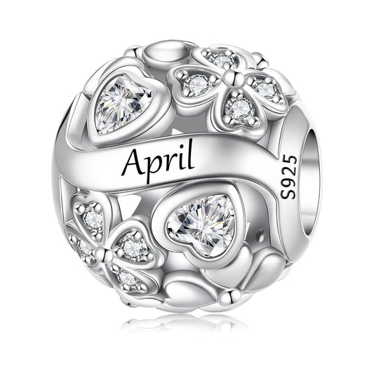 White Smoke 925 Sterling Silver Lucky Clover Birthstone Charms for Bracelets Dangle Pendant with 5A Cubic Zirconia Compatible Pandora Bracelets, Ladies Birthday Gift