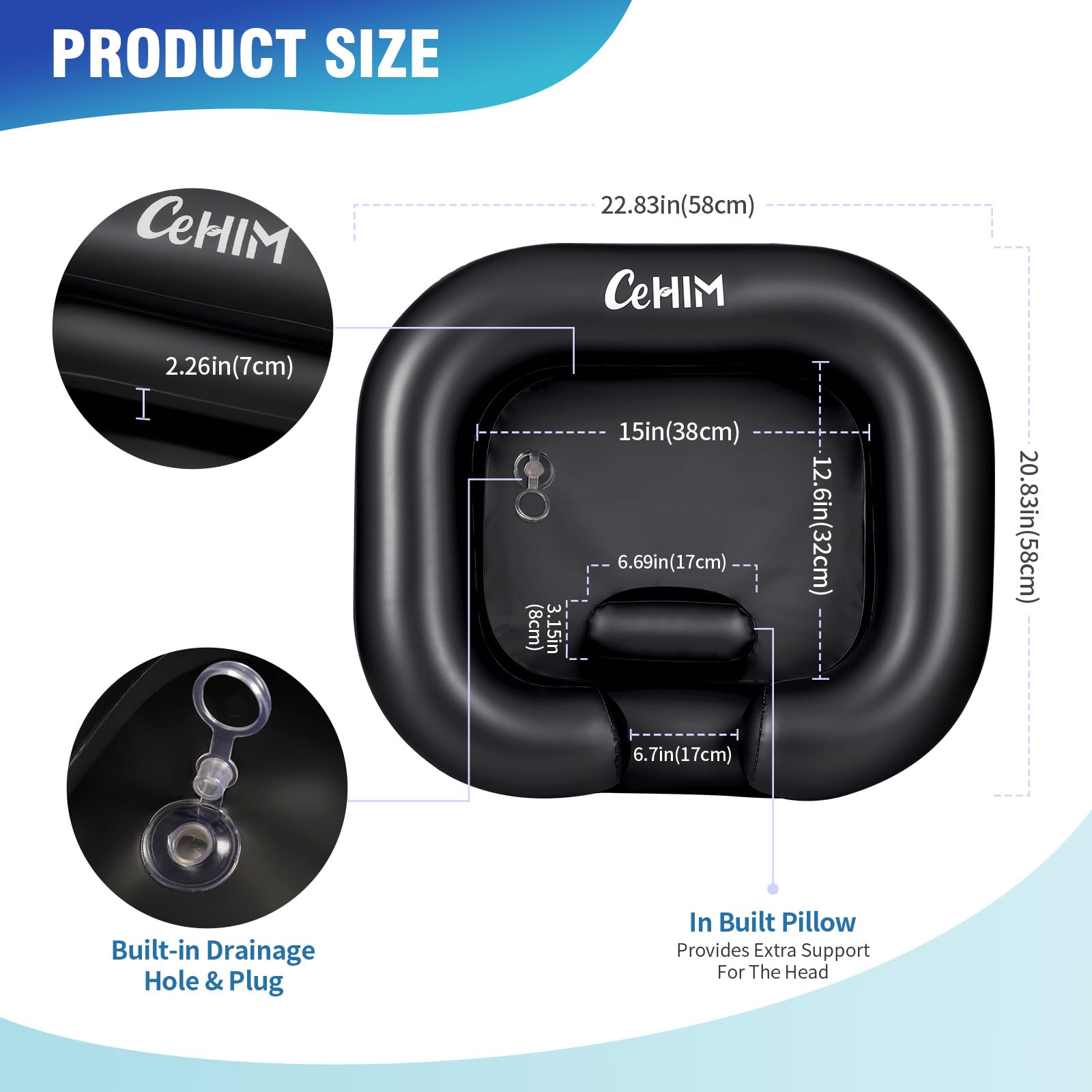 White Smoke Cehim Inflatable Shampoo Basin - Portable Shampoo Bowl, Hair Washing Basin for Bedridden, Disabled,Injured, Hair Wash Tub for Dreadlocks and at Home Sink Washing (Black, 15in Inner)