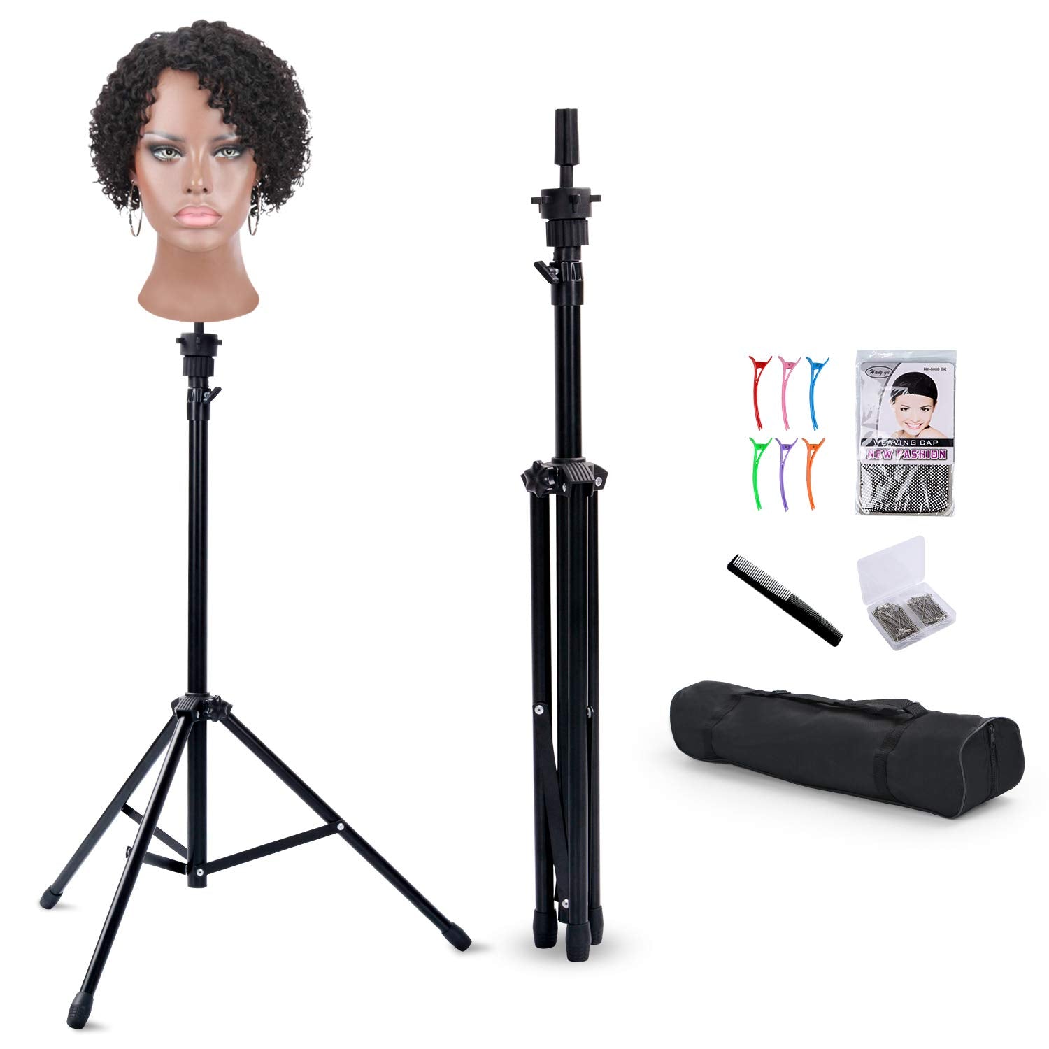 White Smoke Klvied Reinforced Wig Stand Tripod Mannequin Head Stand, Adjustable Holder for Cosmetology Hairdressing Training with T-with Caps, T-Pins, Comb, Hair Clip, Carrying Bag
