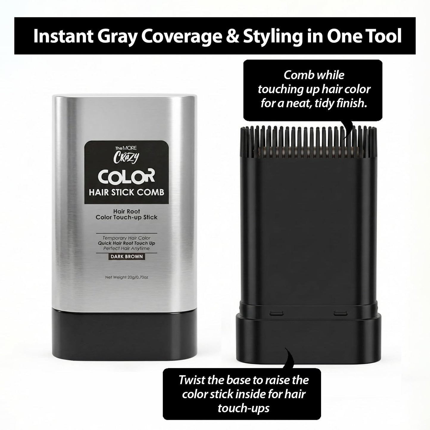 White Smoke TheMore Crazy 2-in-1 Hair Color Stick with Built-in Comb, Quick Root Touch-Up, Gentle Safe Formula, Long-Lasting Sweat-Proof Smudge-Proof for Women & Men (Black)