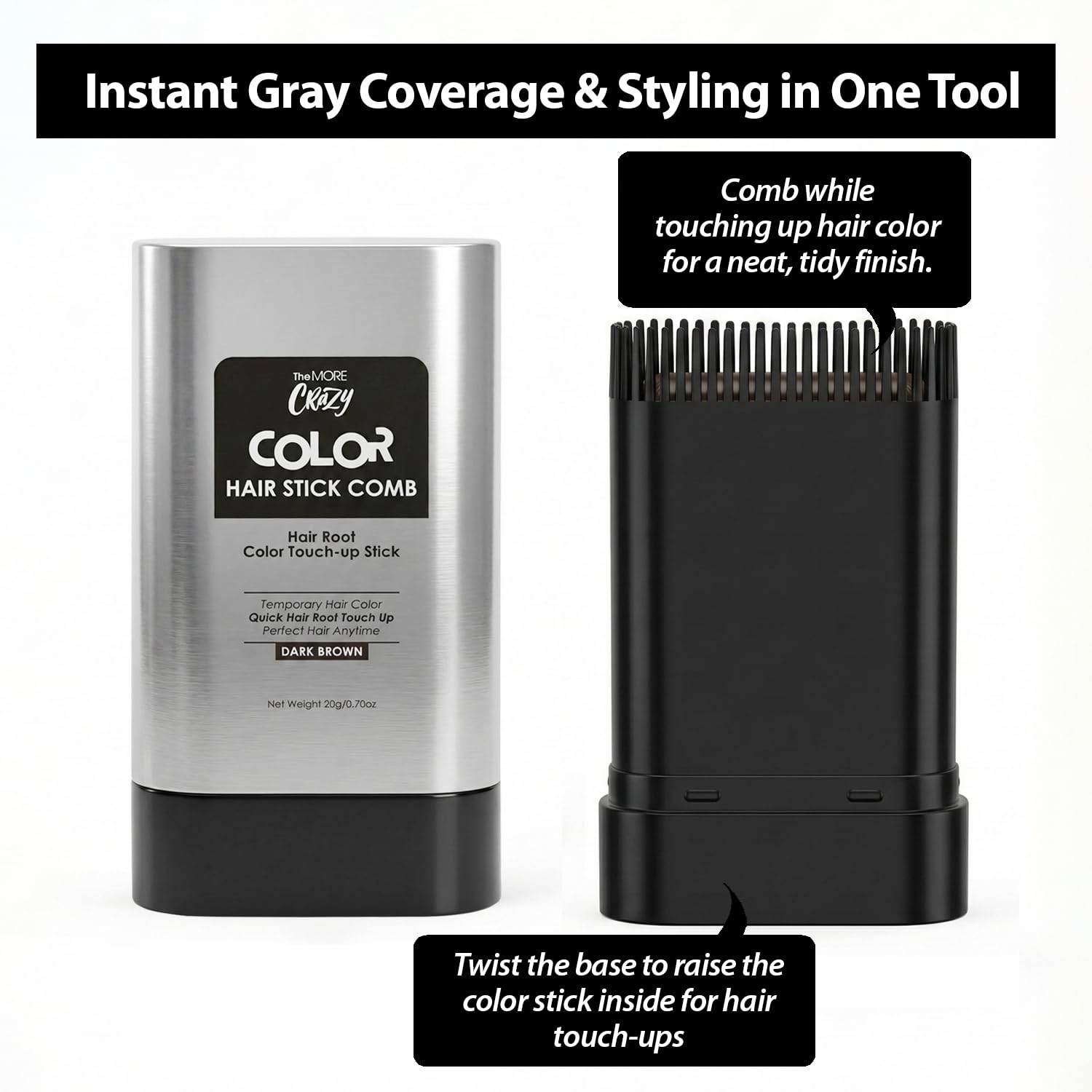White Smoke TheMore Crazy 2-in-1 Hair Color Stick with Built-in Comb, Quick Root Touch-Up, Gentle Safe Formula, Long-Lasting Sweat-Proof Smudge-Proof for Women & Men (Black)
