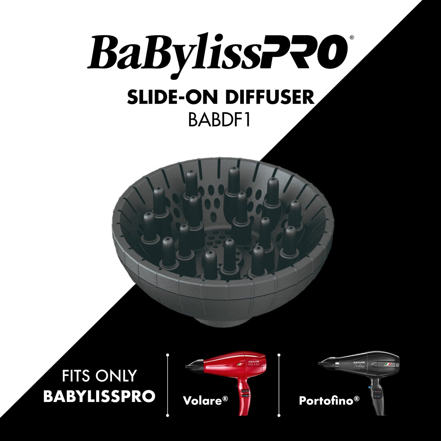 Black BaBylissPRO Slide-On Diffuser Attachment for Hair Dryer - for Volare or Portofino Hair Dryer ONLY, BABDF1, Black