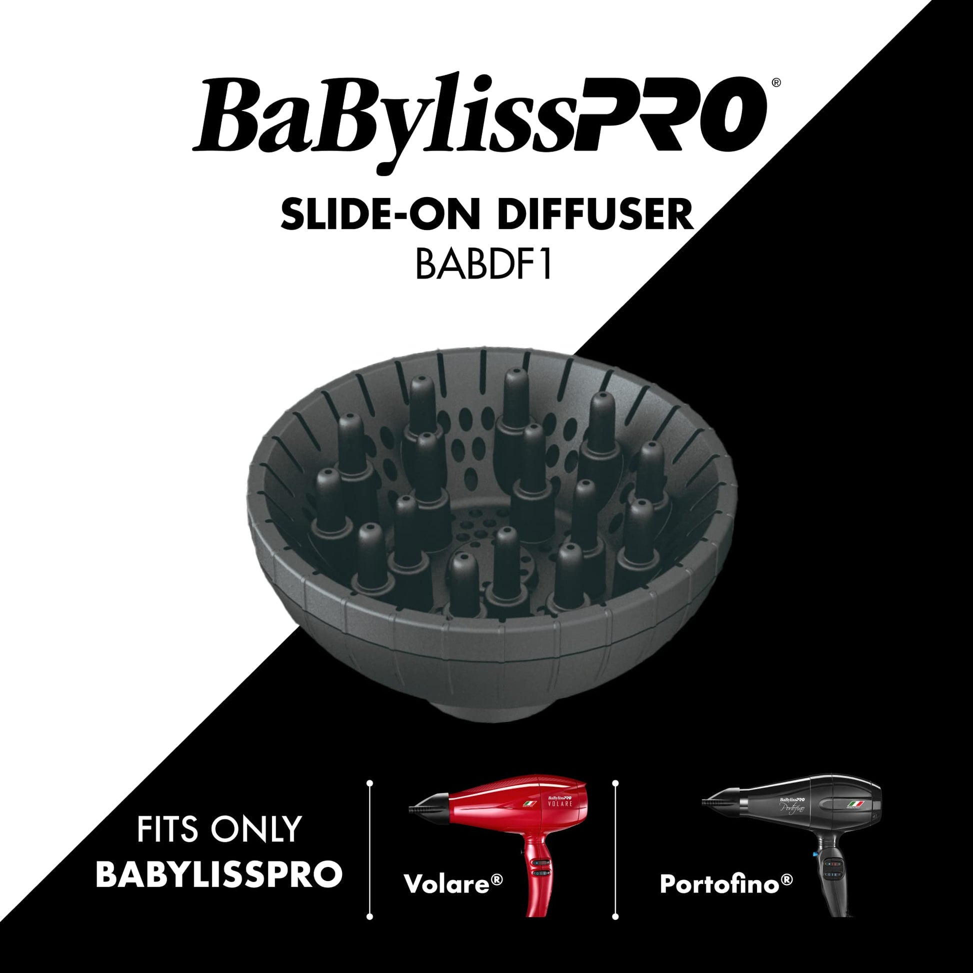 Black BaBylissPRO Slide-On Diffuser Attachment for Hair Dryer - for Volare or Portofino Hair Dryer ONLY, BABDF1, Black