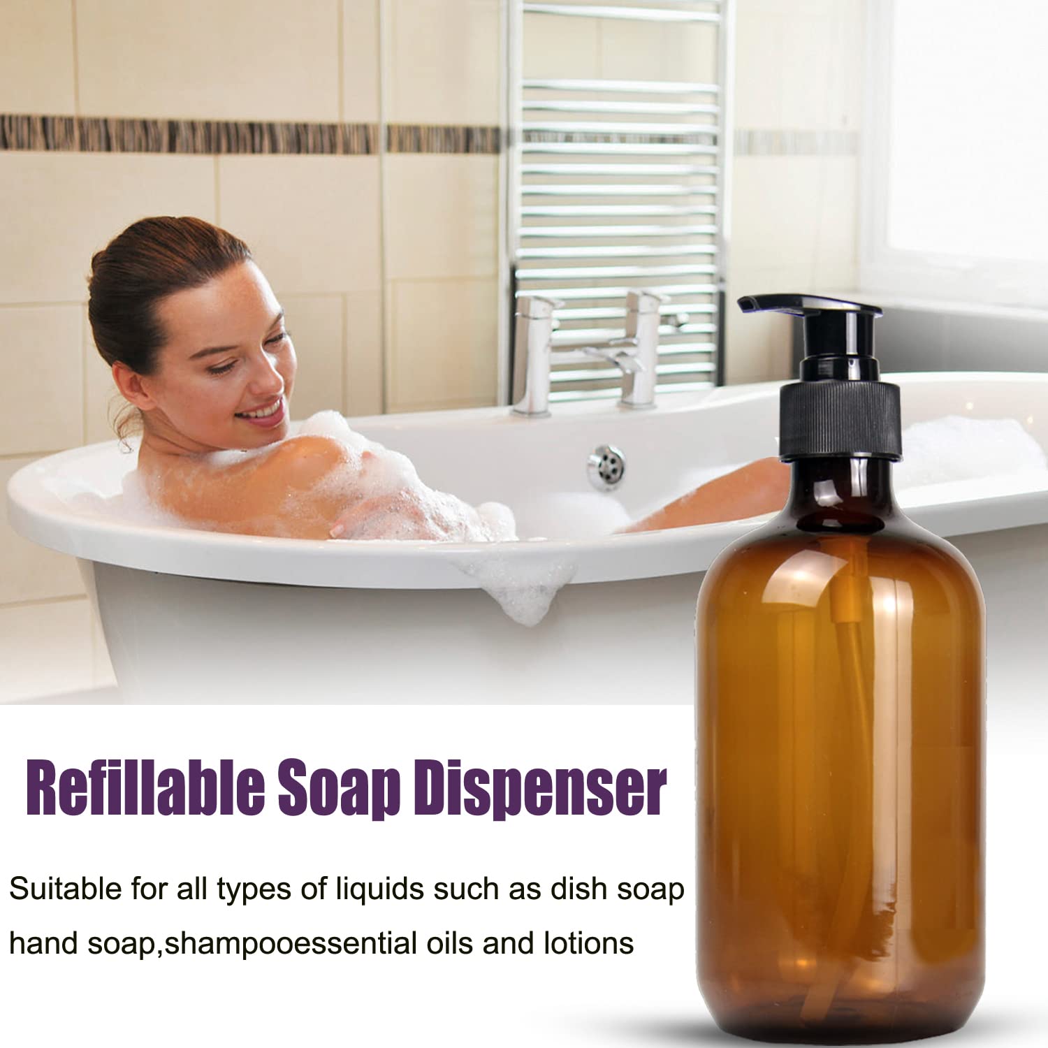 White Smoke 4 Pack 16.9 Oz Shampoo and Conditioner Hand Soap Dispenser Refillable Pump Bottles with Waterproof Labels (Amber)