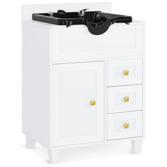 White Smoke BarberPub Barber Storage Shampoo Station, Spa Textured Embossed Cabinet with Shampoo bowl & Drawers, Hair Salon Sink Backwash Equipment 7131 (White)