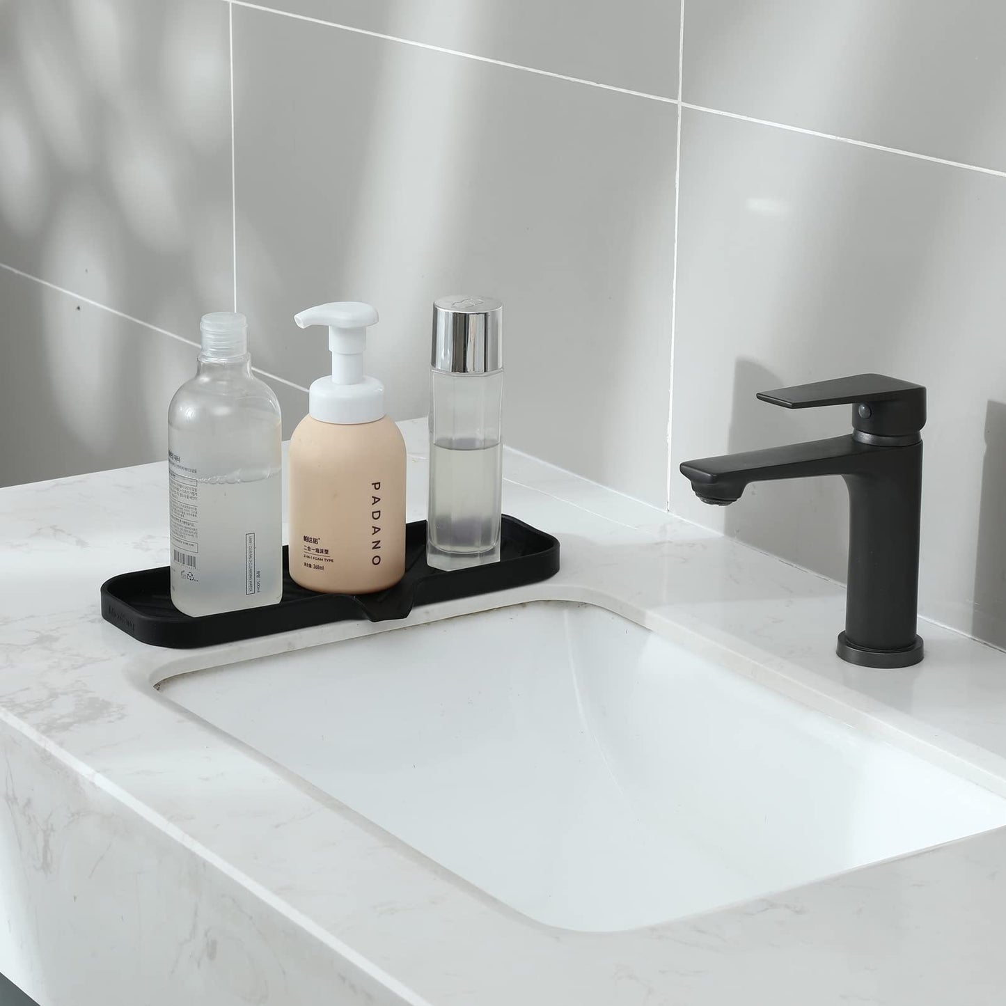 Gray MicoYang Silicone Bathroom Soap Dishes with Drain Spout-Bathroom and Kitchen Sink Organizer,Sponge Holder,Dish Soap Tray,Perfect for Dispenser,Scrubber,Bottle,Cup on Sink or Counter-Black 12"×4"
