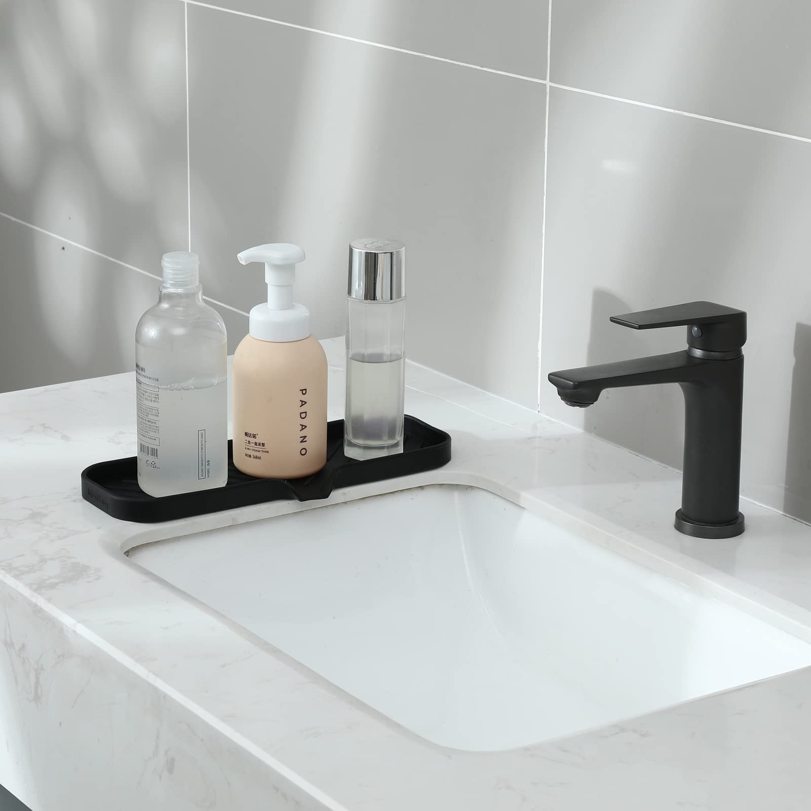 Gray MicoYang Silicone Bathroom Soap Dishes with Drain Spout-Bathroom and Kitchen Sink Organizer,Sponge Holder,Dish Soap Tray,Perfect for Dispenser,Scrubber,Bottle,Cup on Sink or Counter-Black 12"×4"