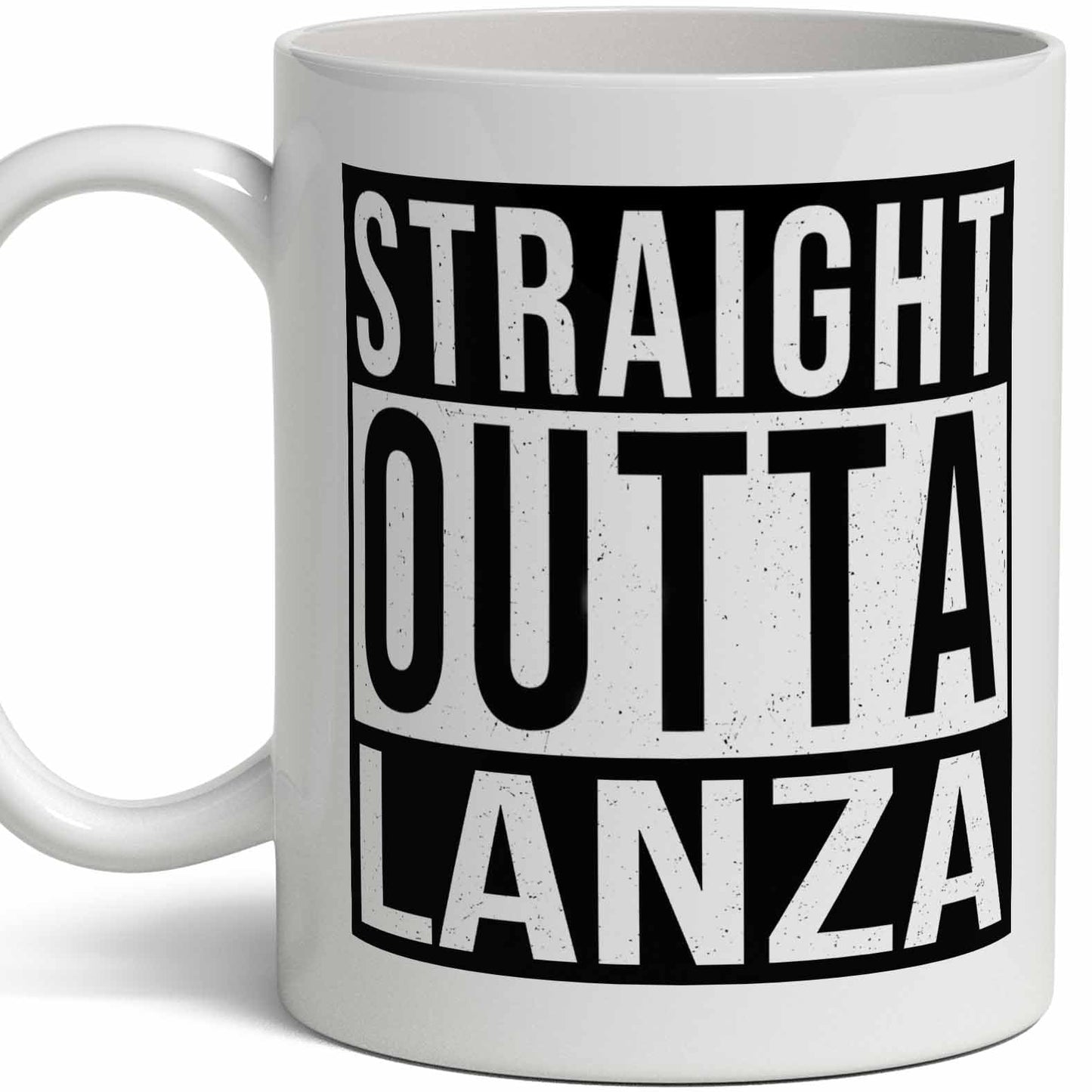 White Smoke Lanza Last Name Gift. Personalized, Custom "Straight Outta" Surname Sign Coffee Mug. 11 Ounces.