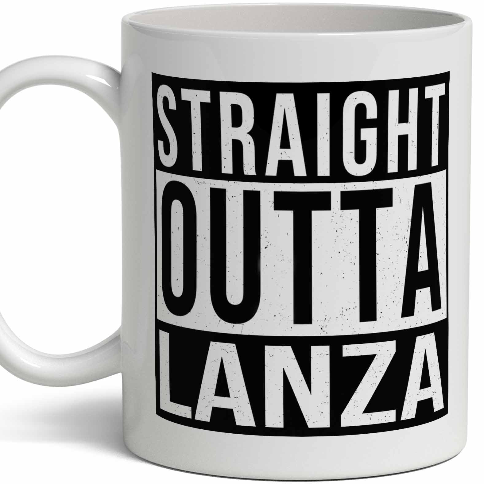 White Smoke Lanza Last Name Gift. Personalized, Custom "Straight Outta" Surname Sign Coffee Mug. 11 Ounces.