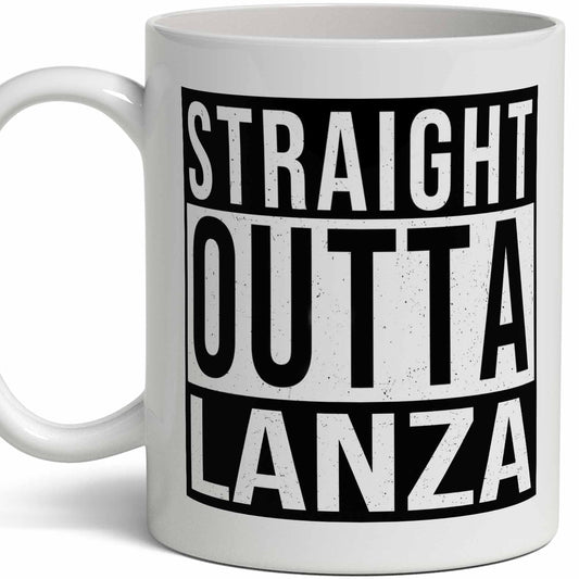 White Smoke Lanza Last Name Gift. Personalized, Custom "Straight Outta" Surname Sign Coffee Mug. 11 Ounces.