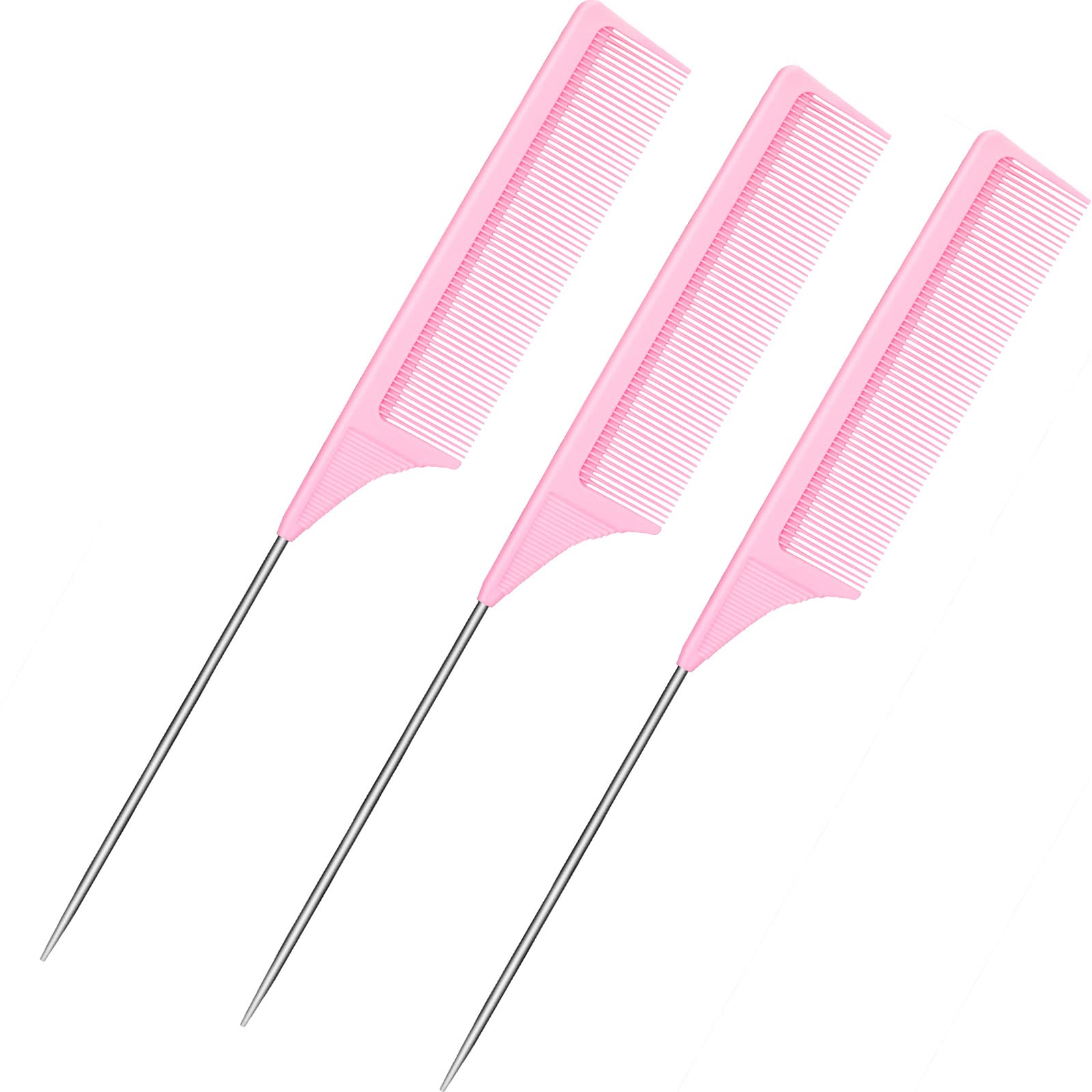 White Smoke 3 Packs 9 Inch Rat Tail Comb Carbon Fiber Heat Resistant Teasing Comb with Metal Pick Styling Parting Lightweight Sectioning Fine Tooth Combs for Women Girls