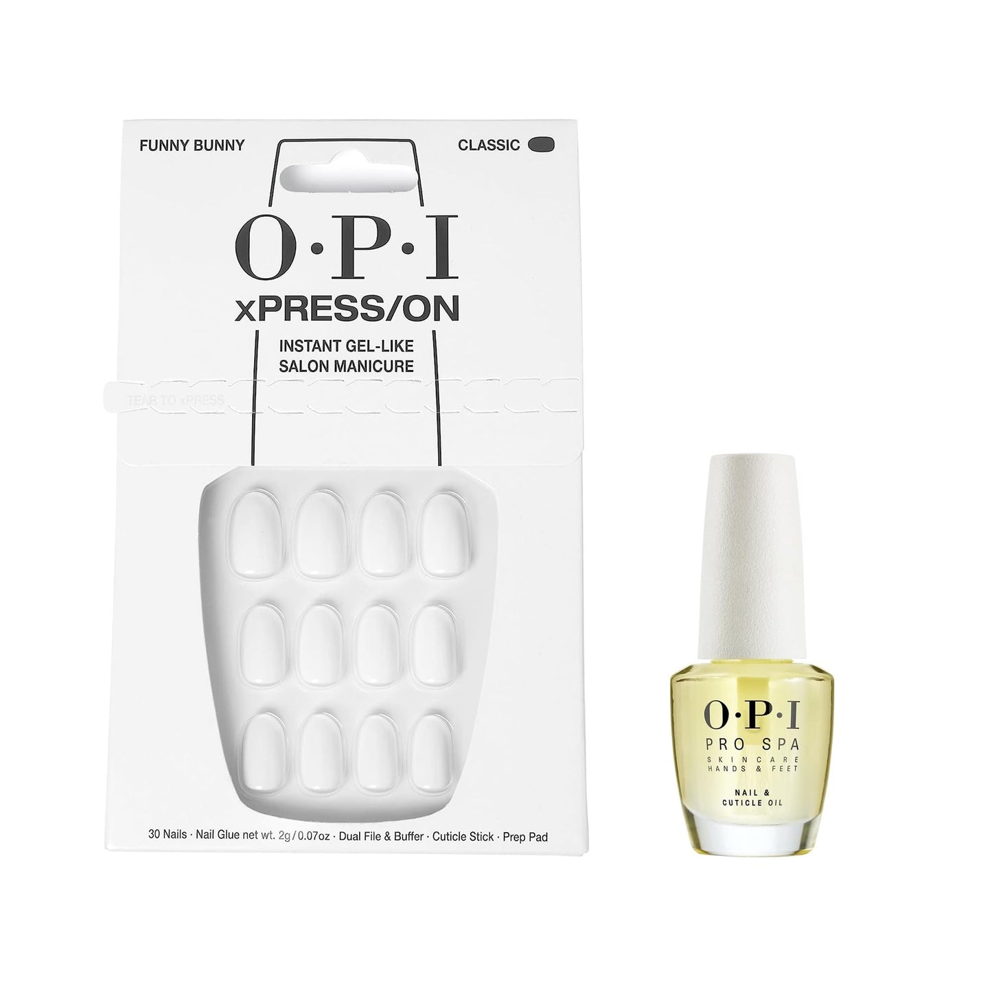 White Smoke Bundle of OPI xPress/On Press On Nails, With Nail Glue, Short White Nails, Funny Bunny + OPI ProSpa Nail and Cuticle Oil, 0.5 fl oz