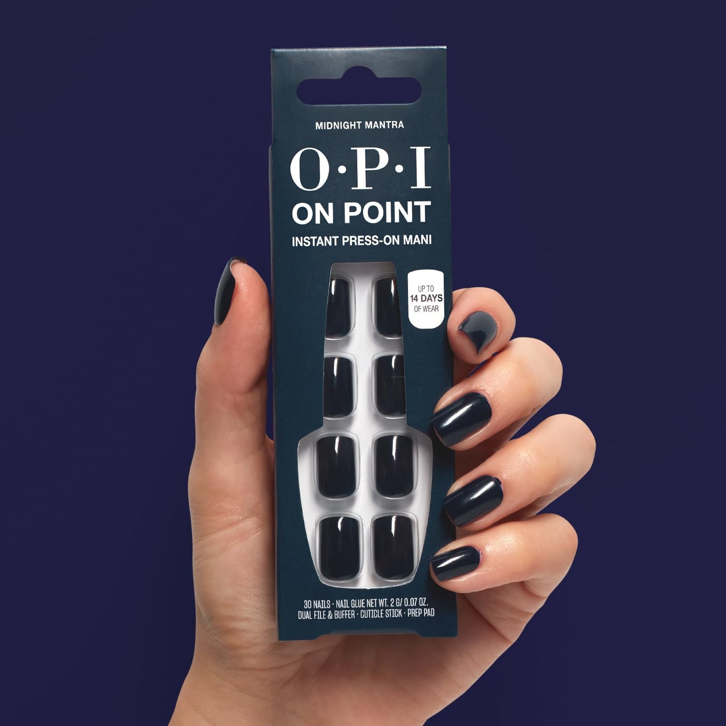 Midnight Blue OPI On Point Midnight Mantra | Short Squoval Dark Navy Blue Press On Nails | 30 Count with Nail Glue | Long Lasting, Reusable, Non-damaging