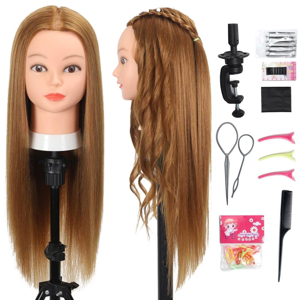 White Smoke Opini Mannequin Head with 80% Human Hair - Straight, 26"-28" Doll Head for Cosmetology & Hairdresser (#27 Light Brown)