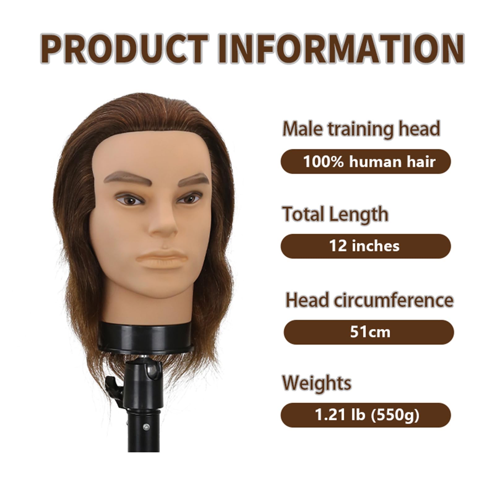 White Smoke 12" Barber Mannequin Head Male 100% Real Hair Mannequin Head with Human Hair Styling Practice Doll Head for Practicing Haircut & Hairdresser Manikin Doll Head With Free Clamp Stand(Without beard4#)
