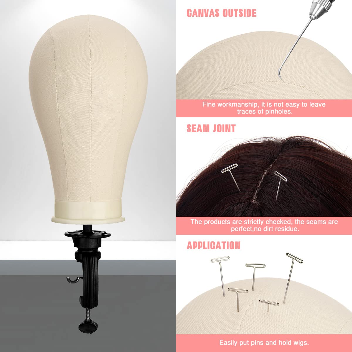 White Smoke SZCY LLC 23 Inch Canvas Block Wig Head, 47 Inch Wig Stand Tripod with Head, Mannequin Head for Wigs Display with Wig Caps, T C Pins Brush