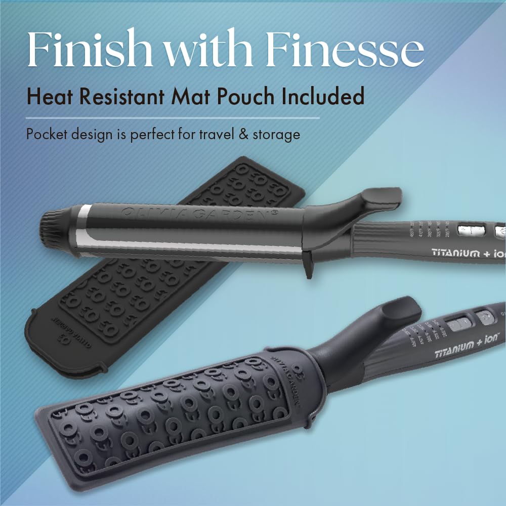 Light Steel Blue Olivia Garden Titanium + Ion High Performance Professional Curling Iron - Dual Voltage, Snag-Free Styling - Fast Heat Up to 455°F with Heat Resistant Heat Mat/Pouch